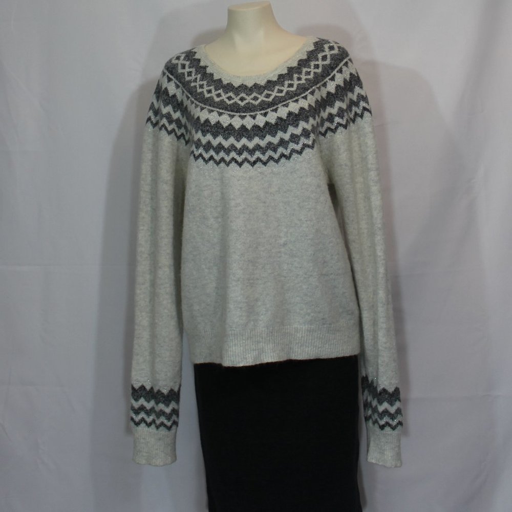 Artisan NY Fair Isle Neutral Knit Cashmere Wool Blend Sweater Top Gray size XL